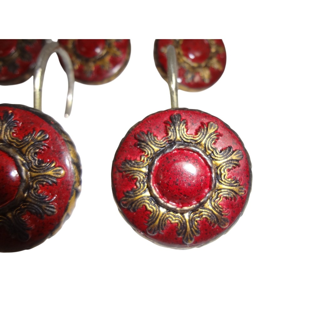 Vintage Ornate Red and Gold Filigree Shower Curtain Hooks Set‎ of 12 Burgundy